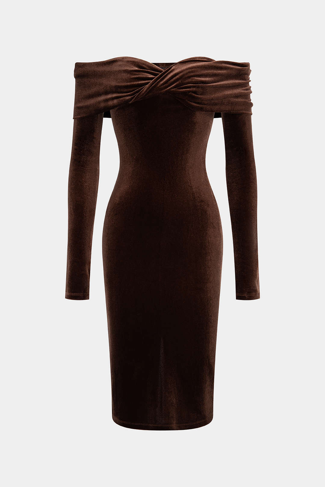 Midi šaty z sametového patchworku s dlouhým rukávem a off shoulder designem
