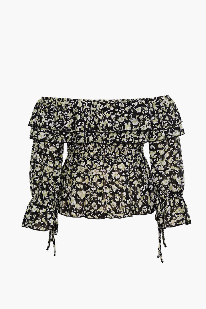 Elegantní peplum blůza z jemné látky s odhalenými rameny