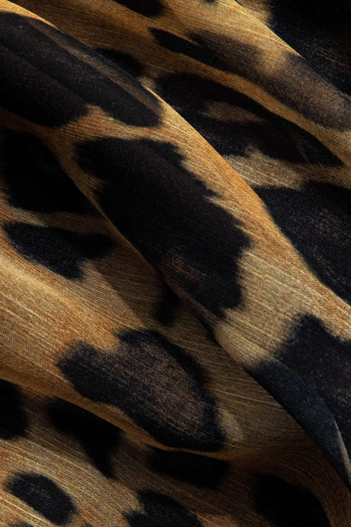 Midi Šaty bez Rukávů z Chiffonu s Volánky a Leopardím Vzorem