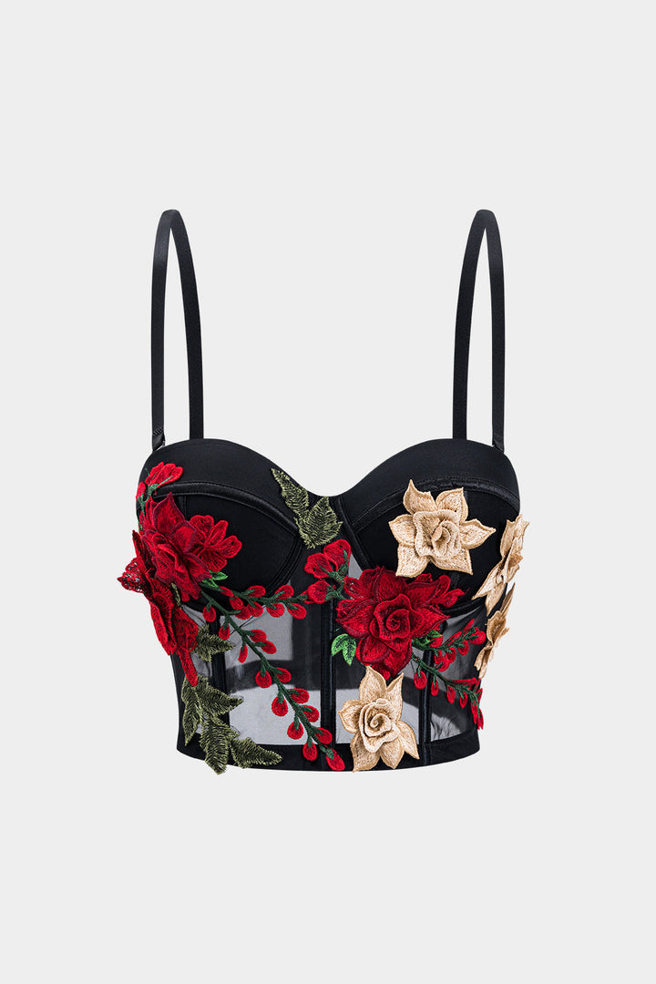 Top s ramínky a aplikacemi z mřížkového materiálu typu bustier