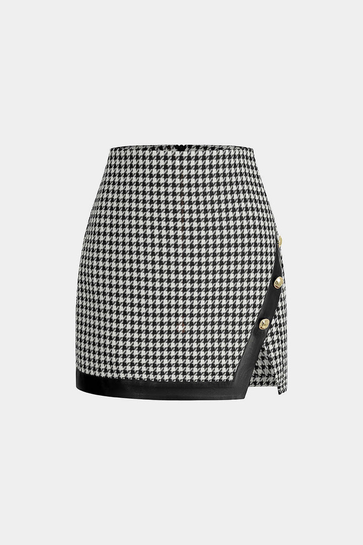Asymetrická sukně z umělé kůže s potiskem houndstooth a bočním střihem