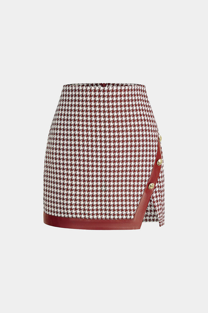 Asymetrická sukně z umělé kůže s potiskem houndstooth a bočním střihem