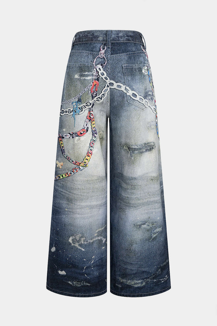 Džínové kalhoty s vysokým pasem, potiskem graffiti a širokou nohavicí
