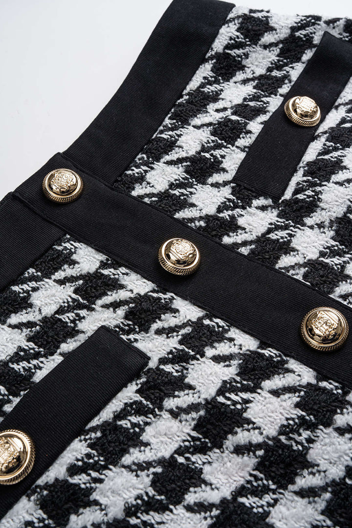 Sukně s Vysokým Pasem a Knoflíkem v Designu Houndstooth