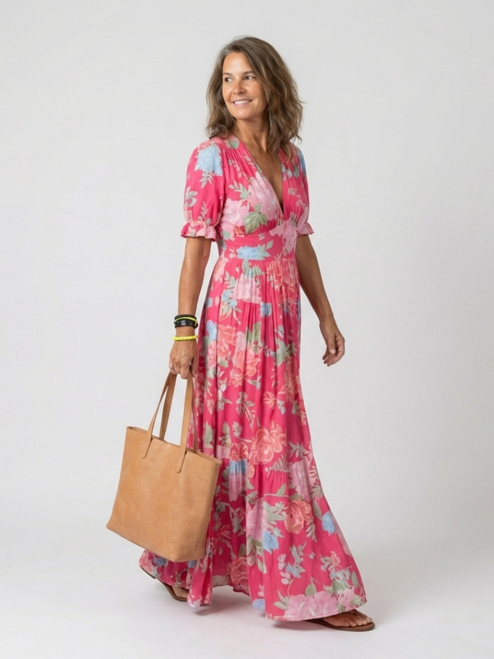 Ione | Květinové midi šaty s krátkým rukávem a výstřihem do V
