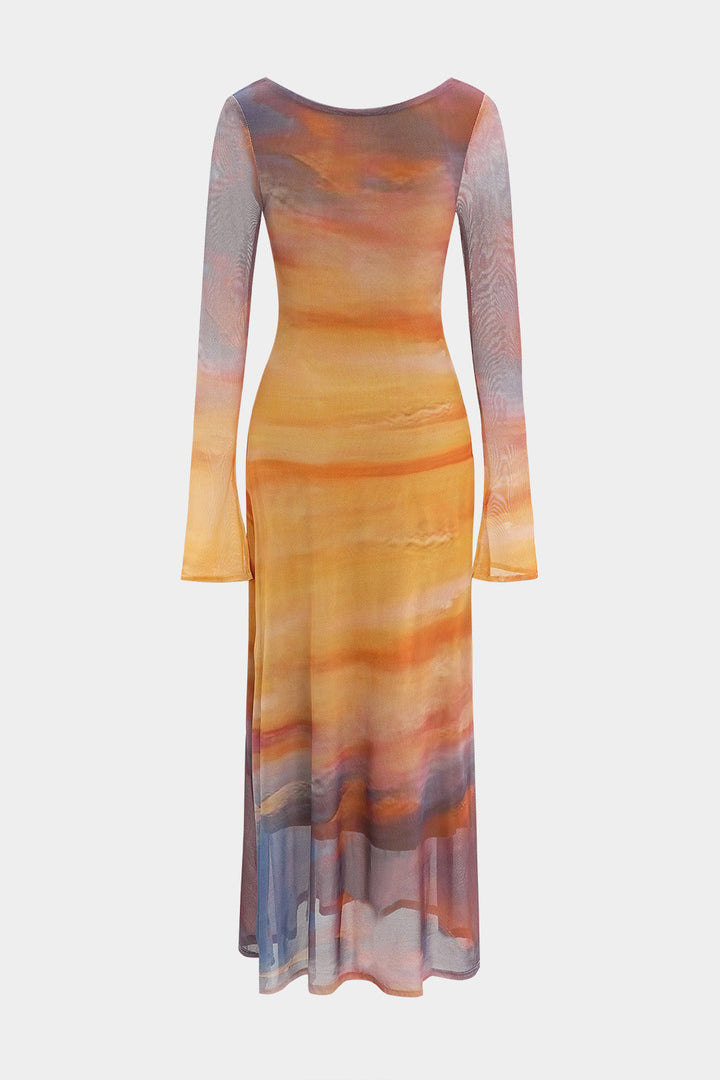 Maxi šaty z síťoviny s tie dye potiskem a dlouhým rukávem
