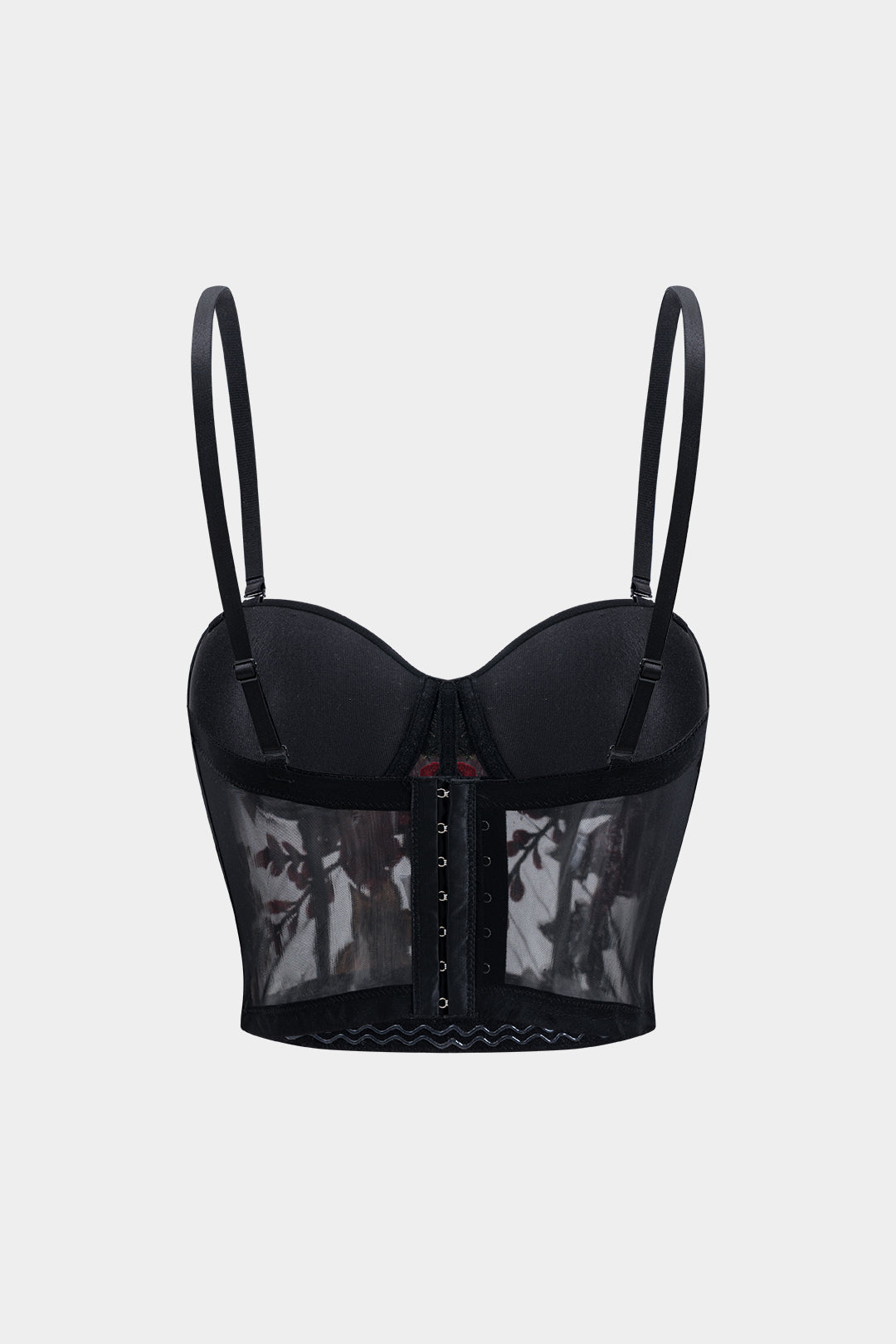 Top s ramínky a aplikacemi z mřížkového materiálu typu bustier