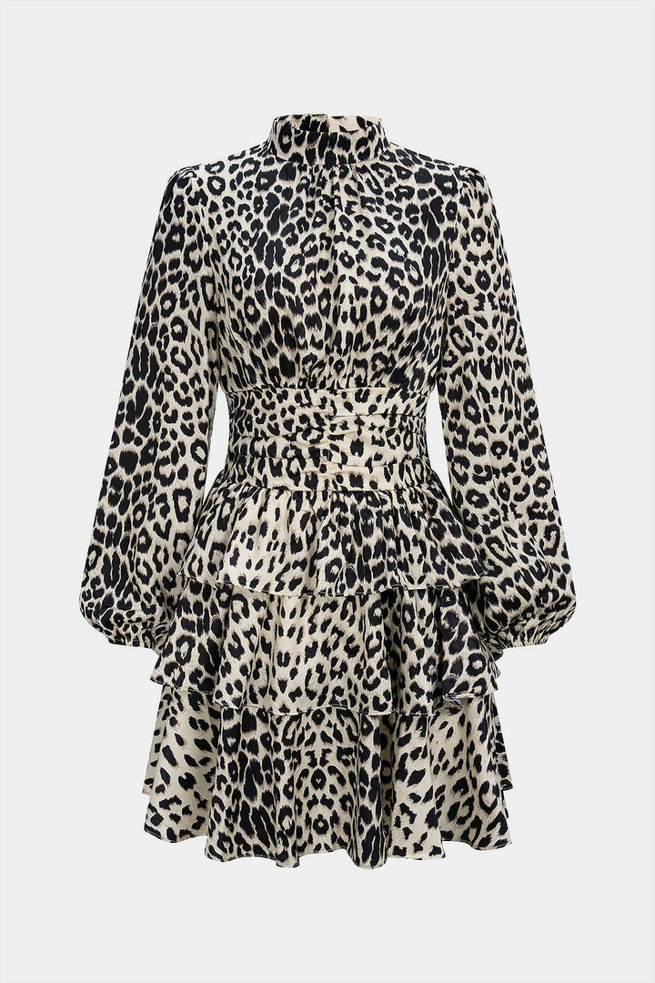 Mini šaty z chiffon s volány a leopardím vzorem