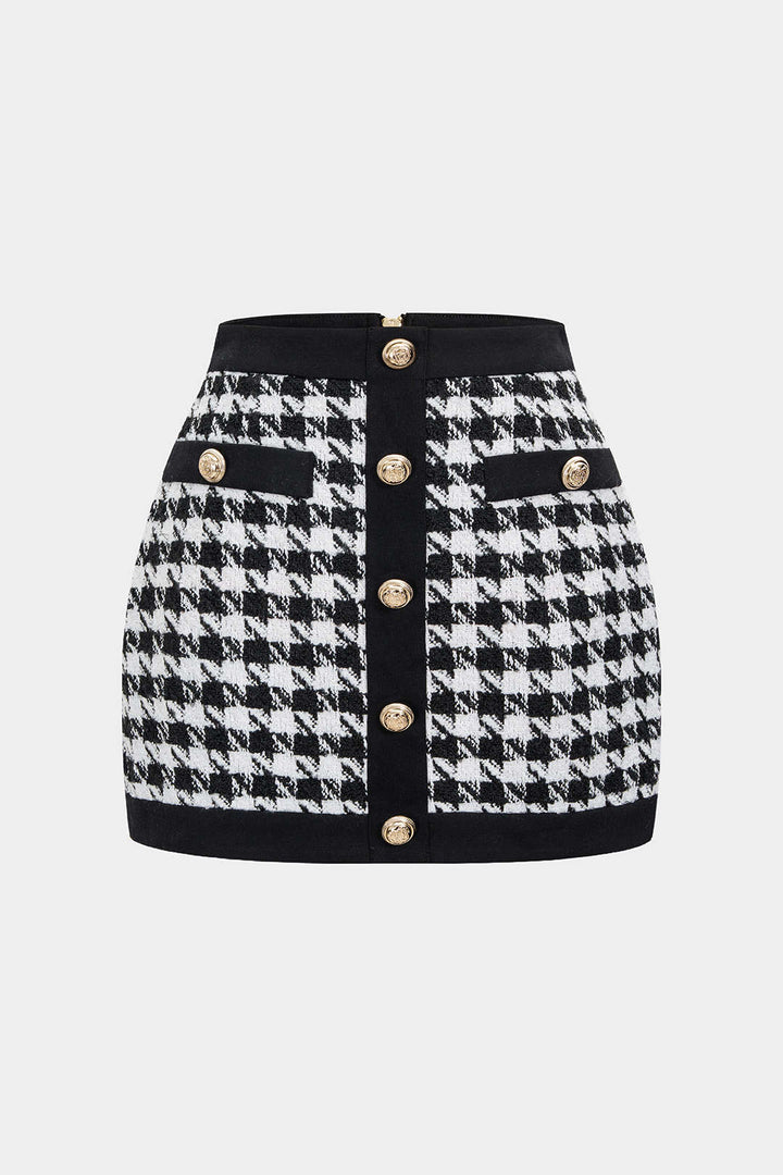 Sukně s Vysokým Pasem a Knoflíkem v Designu Houndstooth