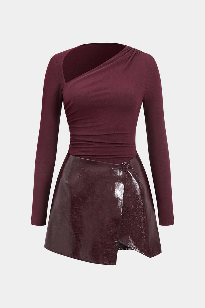 Minivestido s dlouhým rukávem s patchworkovým designem z umělé kůže