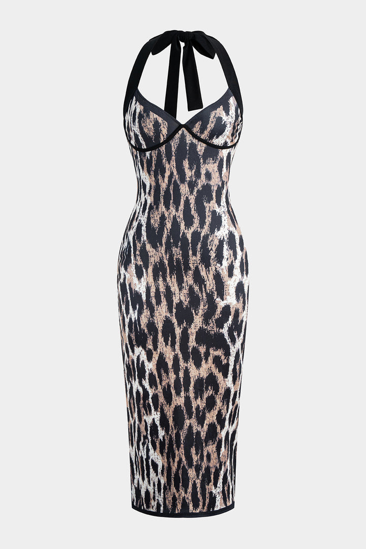 Midi šaty bez rukávů s halter krkem a leopardím designem