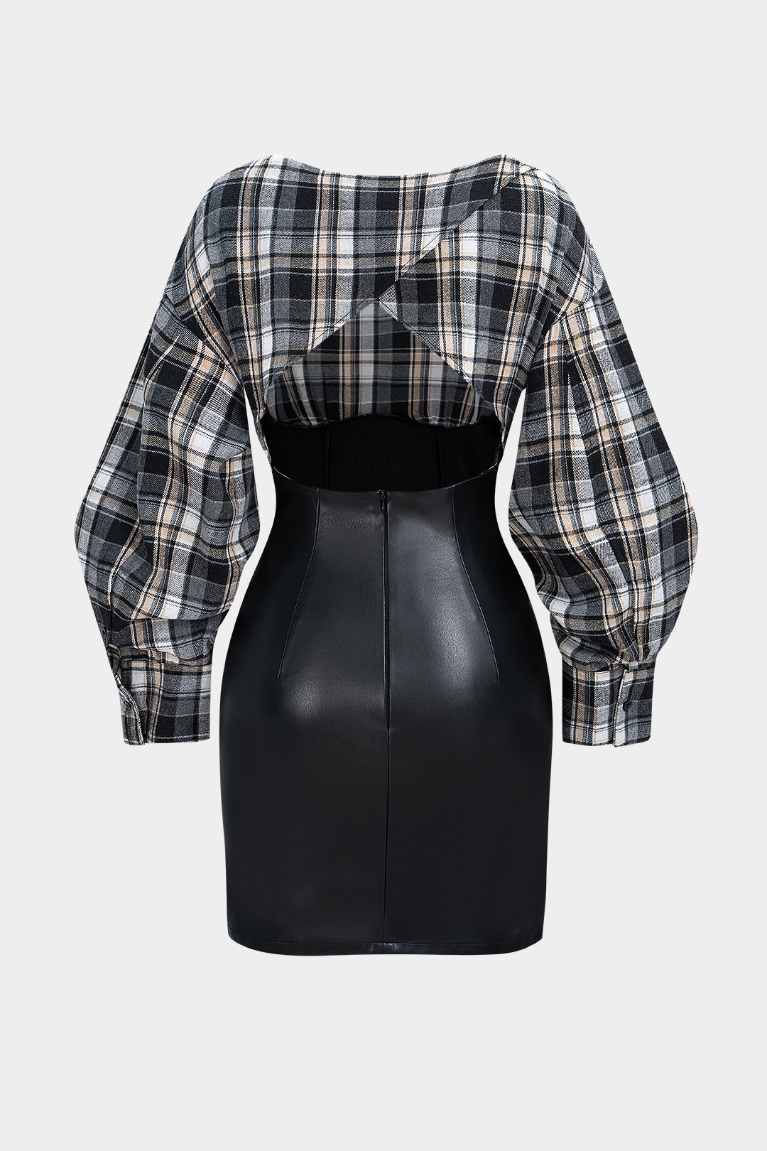Mini šaty s dlouhým rukávem z umělé kůže s kostkovaným designem