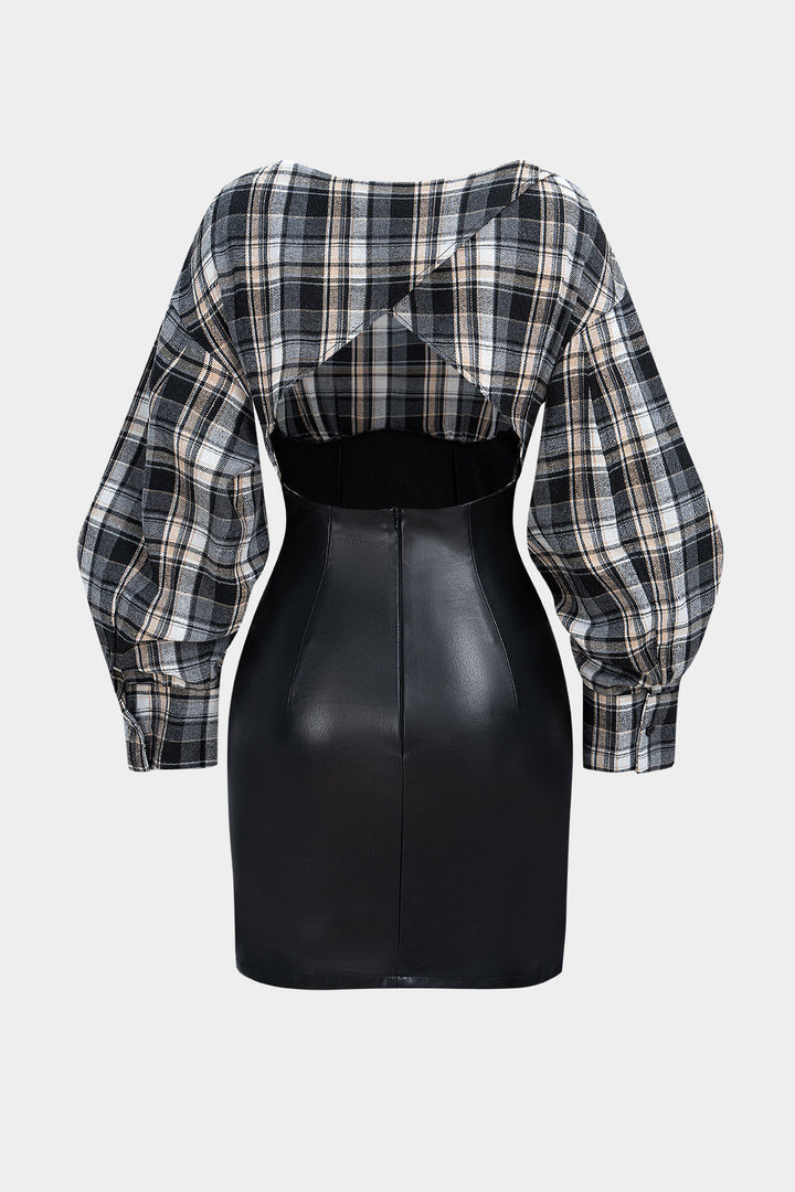 Mini šaty s dlouhým rukávem z umělé kůže s kostkovaným designem