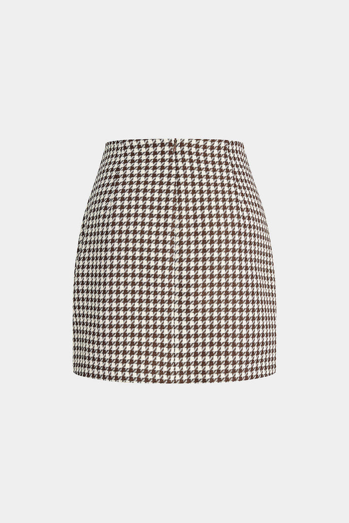 Asymetrická sukně z umělé kůže s potiskem houndstooth a bočním střihem
