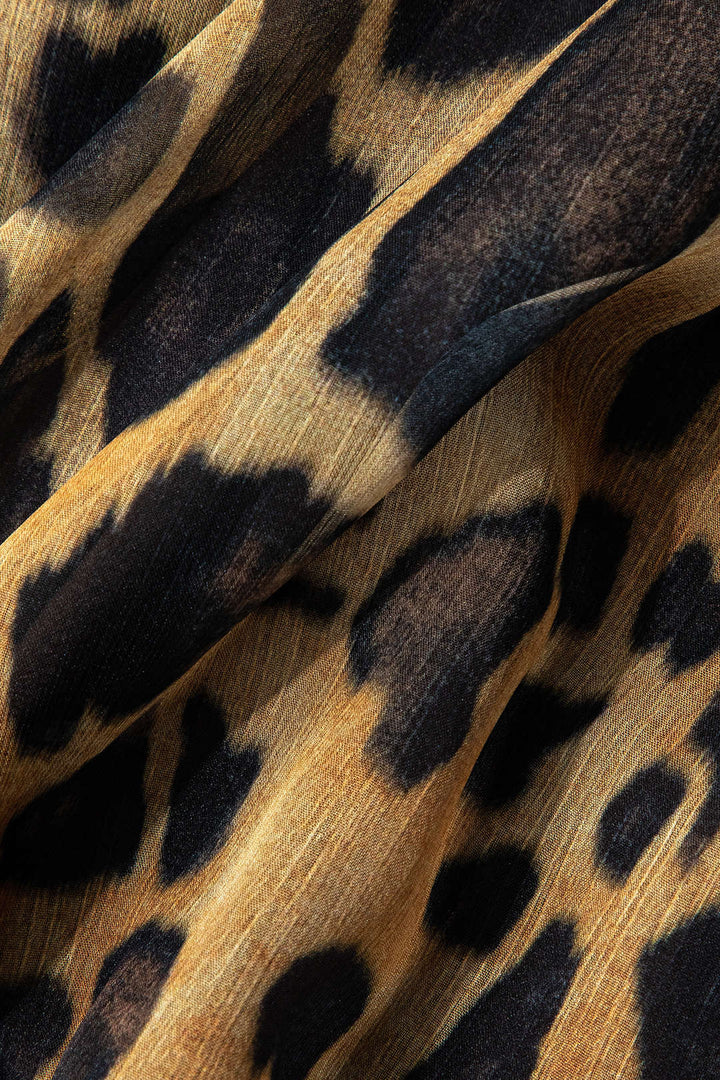 Midi Šaty bez Rukávů z Chiffonu s Volánky a Leopardím Vzorem