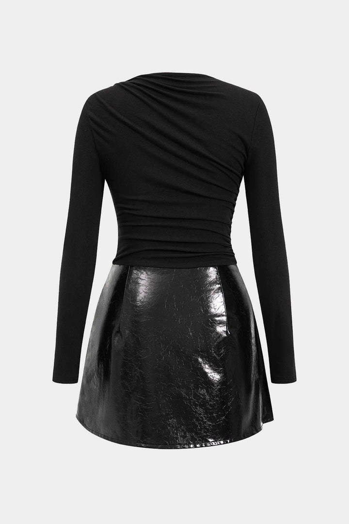 Minivestido s dlouhým rukávem s patchworkovým designem z umělé kůže