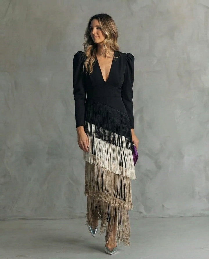 Tereza – Elegantní midi šaty s třásňovými detaily