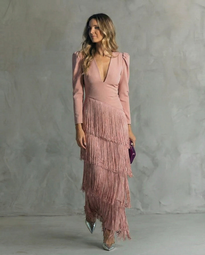 Tereza – Elegantní midi šaty s třásňovými detaily