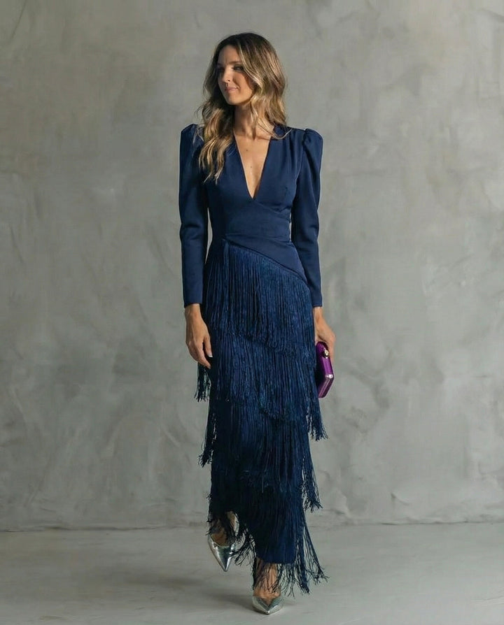 Tereza – Elegantní midi šaty s třásňovými detaily